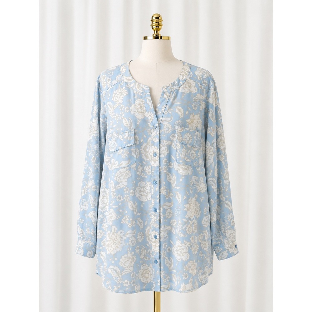 Denim & Co. Button Up Blouse Top Collarless Women 2X Blue Cream Floral A273070